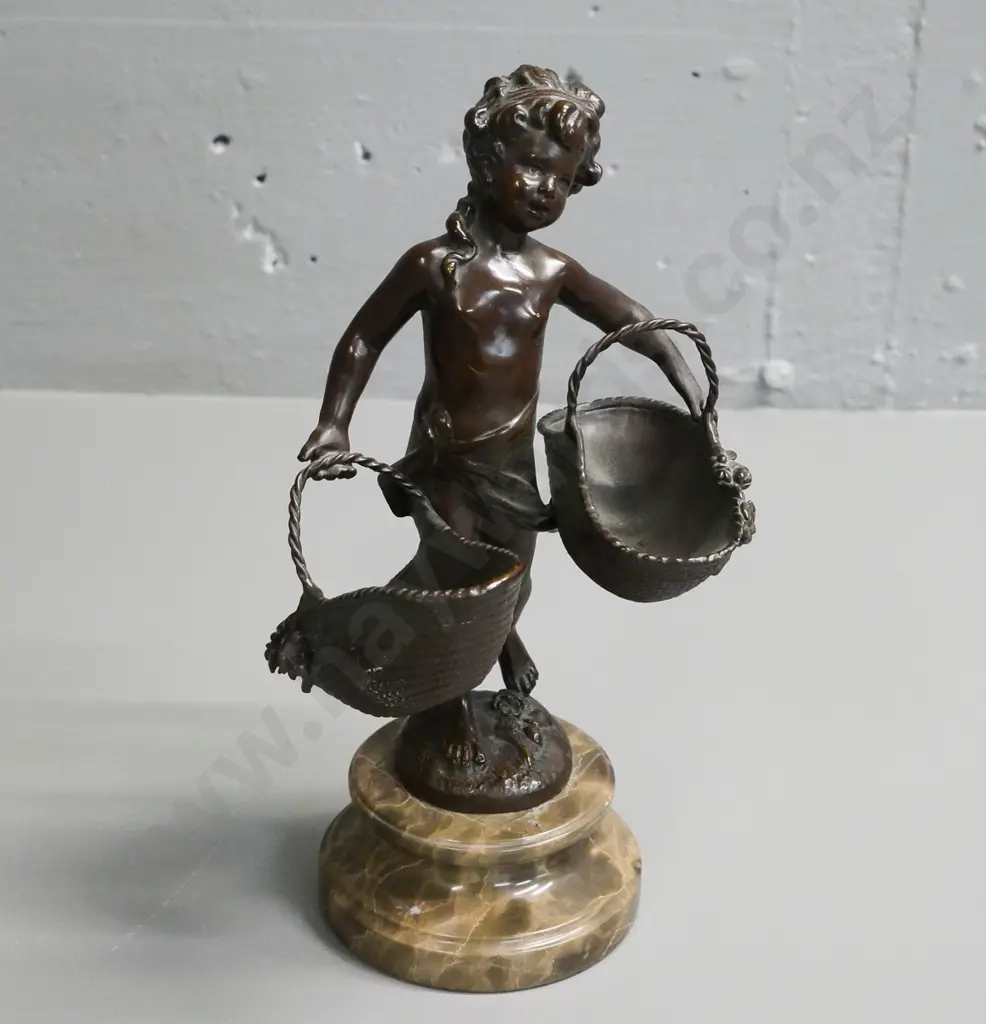 bronze figure of boy with  baskets, on marble base H-290 Image 1++