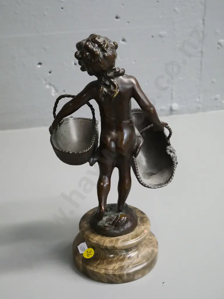 bronze figure of boy with  baskets, on marble base H-290 Image 1++
