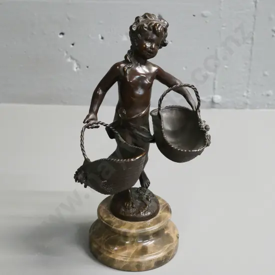 bronze figure of boy with  baskets, on marble base H-290