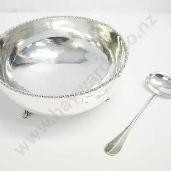 beaten (plated?) silver 3-footed bowl with "CM" mark H-100 Diameter 220, and a spoon, no marks (681g)