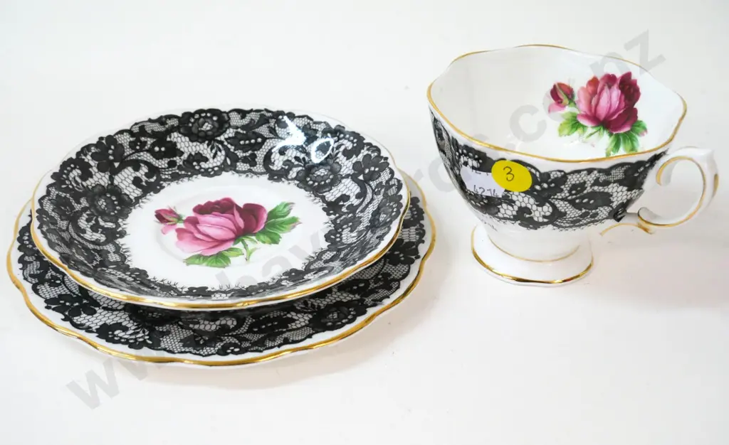 Royal Albert Senorita trio - small under-glaze fault to flower on plate Image 1++