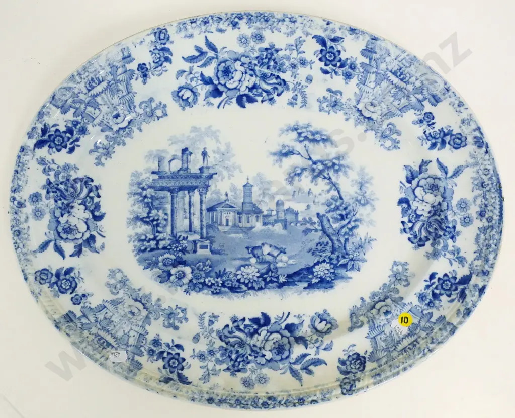 vintage blue & white large oval platter, under-glaze fault to pattern H-405 W-505 Image 1++