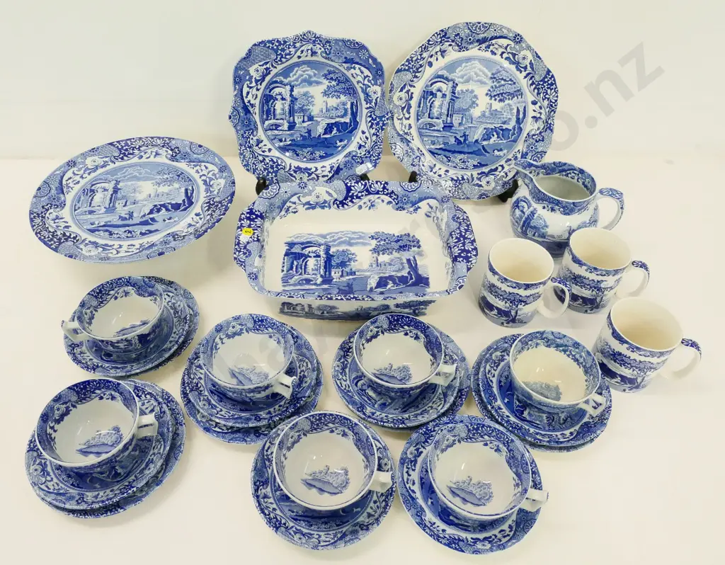 assorted blue and white Spode Italian dinner and teaware - 5 trios, 2 cups & saucers, cake stand, baking dish, etc Image 1++