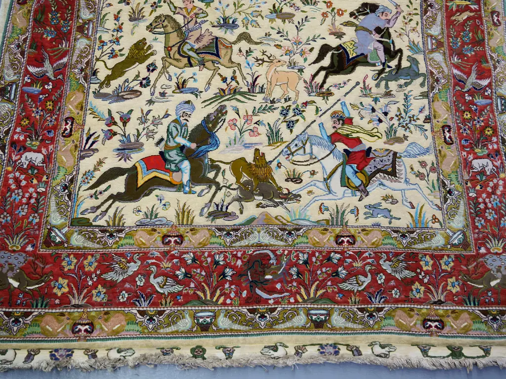 hand knotted Persian silk rug of hunting scenes L-2250 W-1520 Image 1++