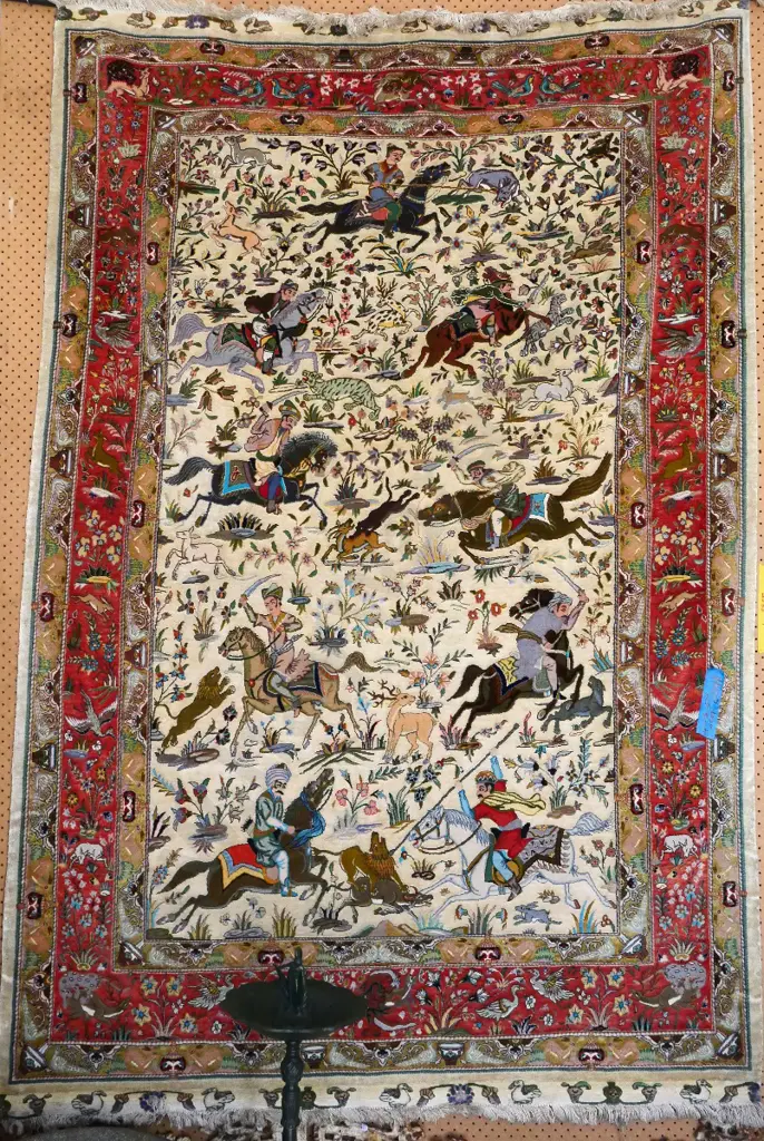 hand knotted Persian silk rug of hunting scenes L-2250 W-1520 Image 1++