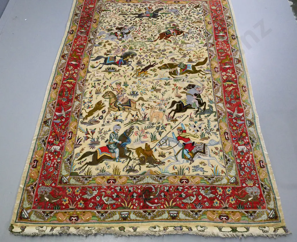 hand knotted Persian silk rug of hunting scenes L-2250 W-1520 Image 1++