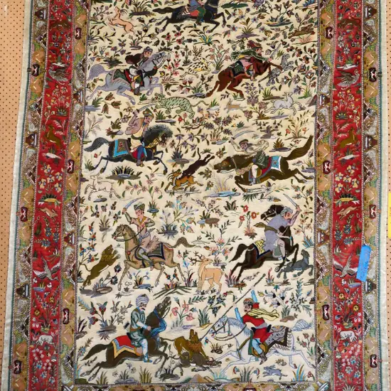 hand knotted Persian silk rug of hunting scenes L-2250 W-1520
