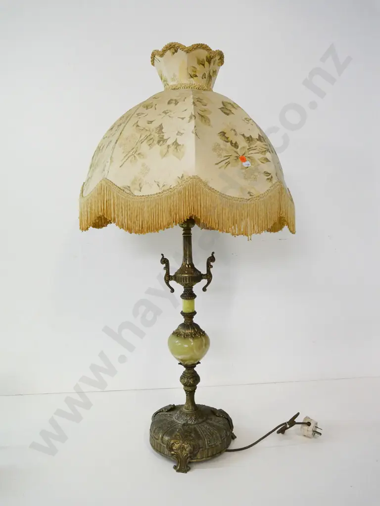 ornate cast brass and alabaster table lamp - fading to fabric dome shade H-900 Diameter 450 Image 1++