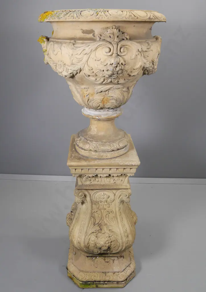 concrete one-piece tall classical style urn & columnar plinth planter H-1420 Diameter of urn 530 Image 1++