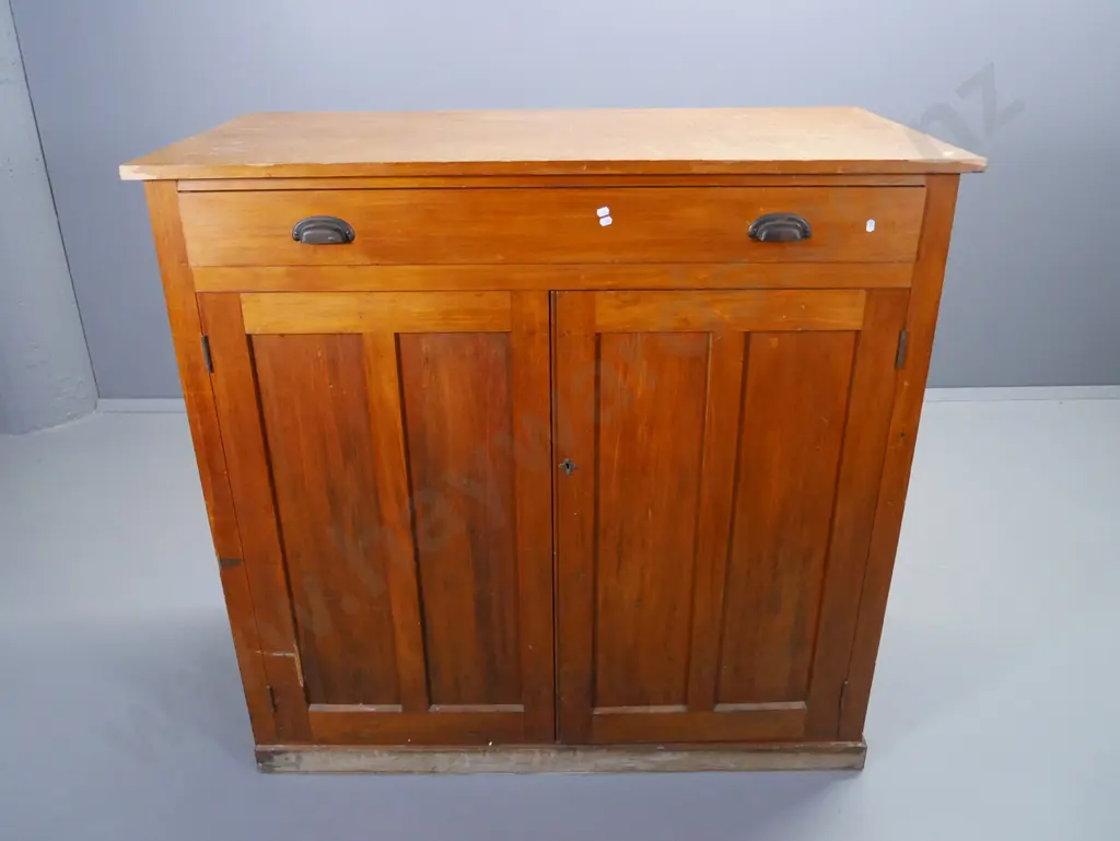 kauri office cabinet with single top drawer, 2 doors, interior shelves, damage to left edge of top H1220 W1270 D630 Image 1++