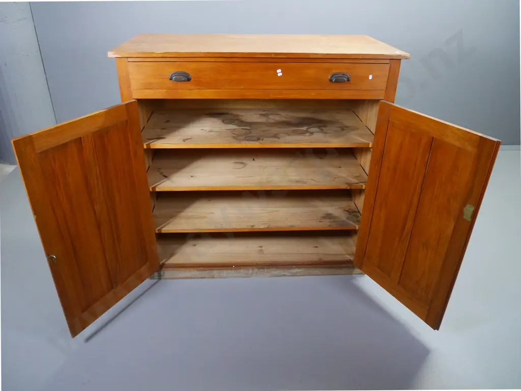 kauri office cabinet with single top drawer, 2 doors, interior shelves, damage to left edge of top H1220 W1270 D630 Image 1++