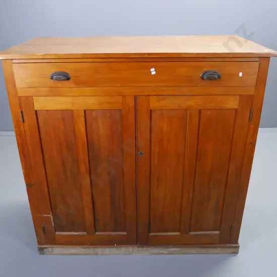 kauri office cabinet with single top drawer, 2 doors, interior shelves, damage to left edge of top H1220 W1270 D630