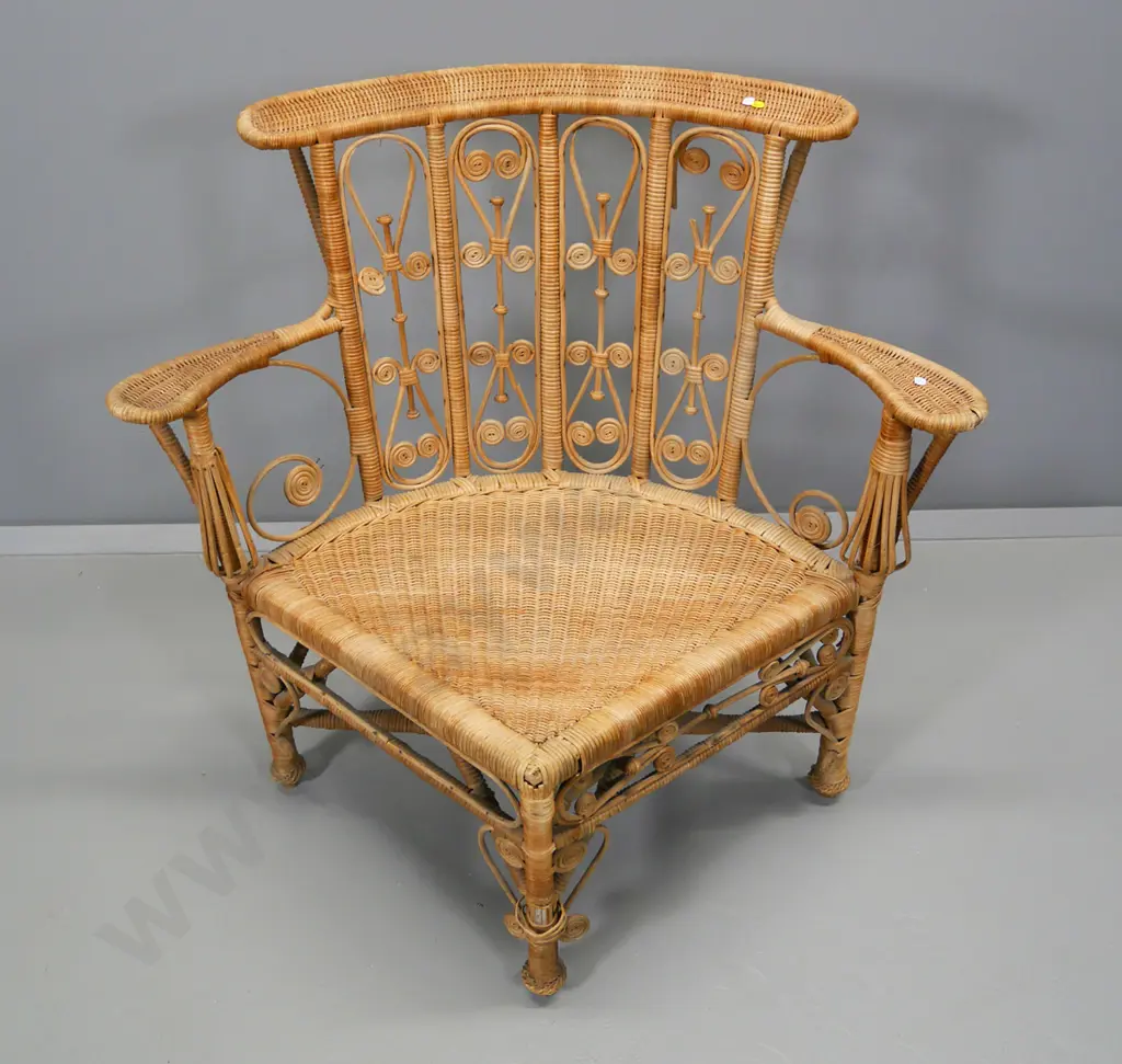 vintage cane triangular chair with woven seat - some damage to back scroll decoration H-860 W-900 D-550 Image 1++