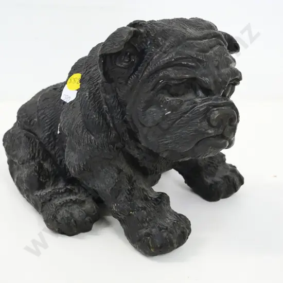 cast metal bulldog figure - has been painted black, some brass plating showing on feet H-170 L-260