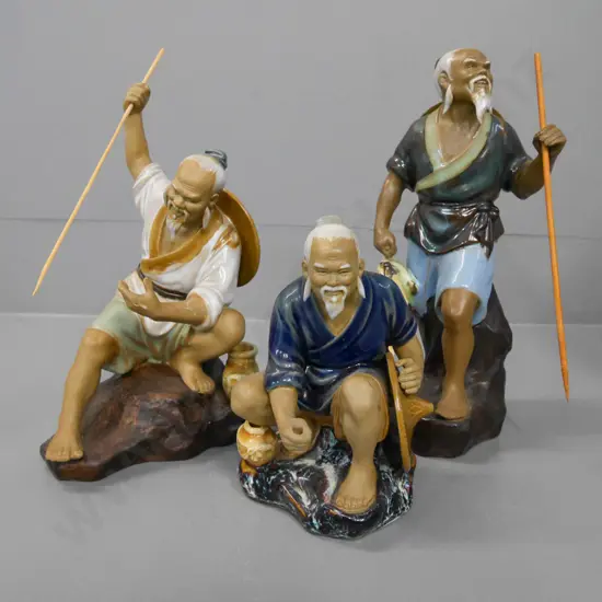 3 "mud" pottery fishermen figures - largest is H-230
