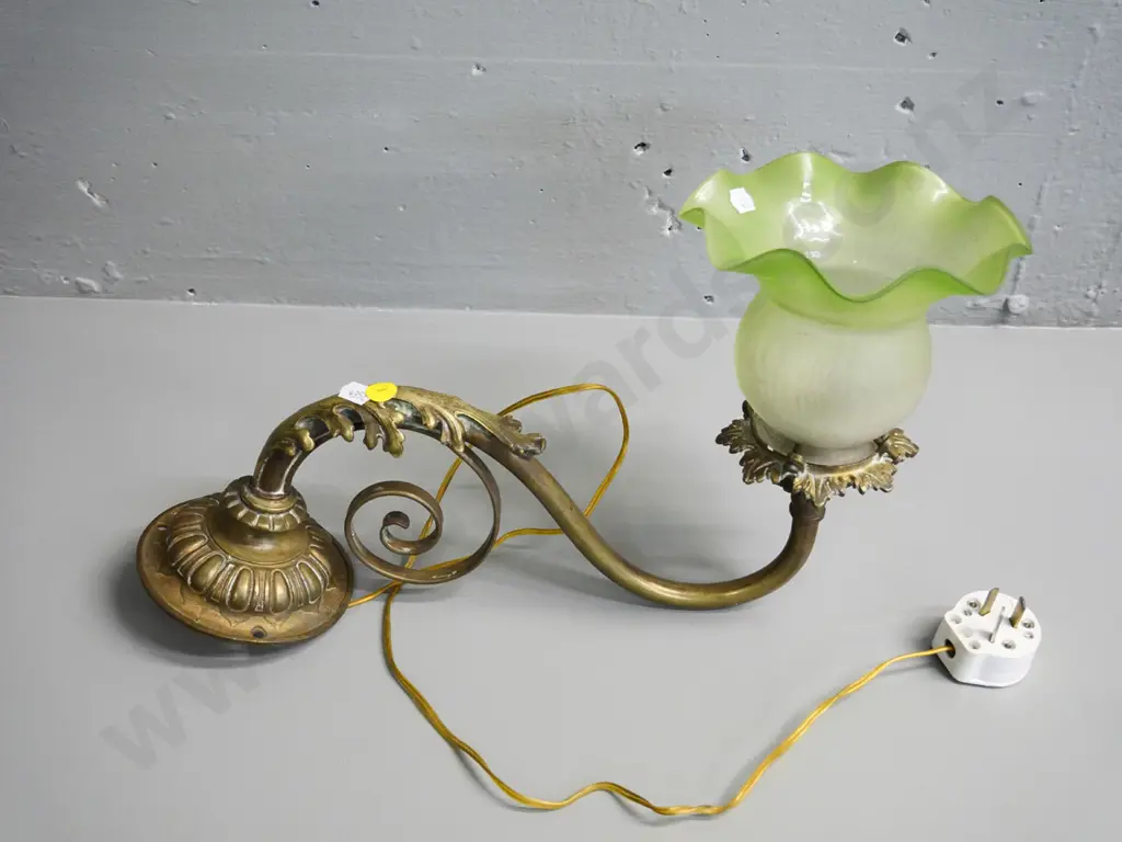 brass ceiling light fitting with green glass frilled shade H-370 W-150 Image 1++
