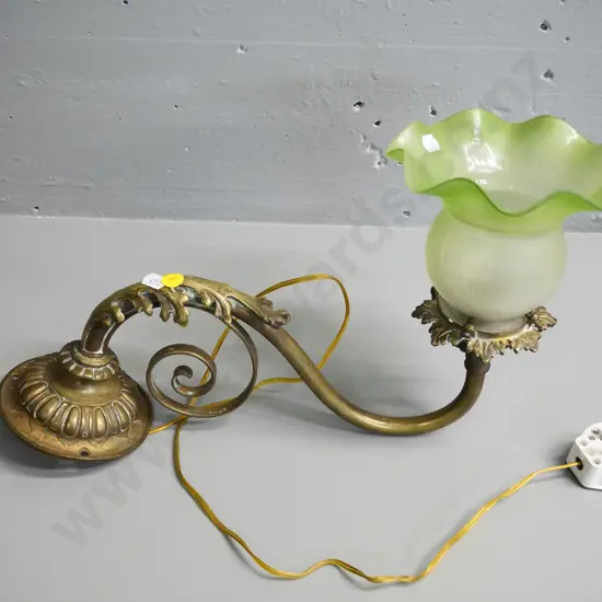 brass ceiling light fitting with green glass frilled shade H-370 W-150