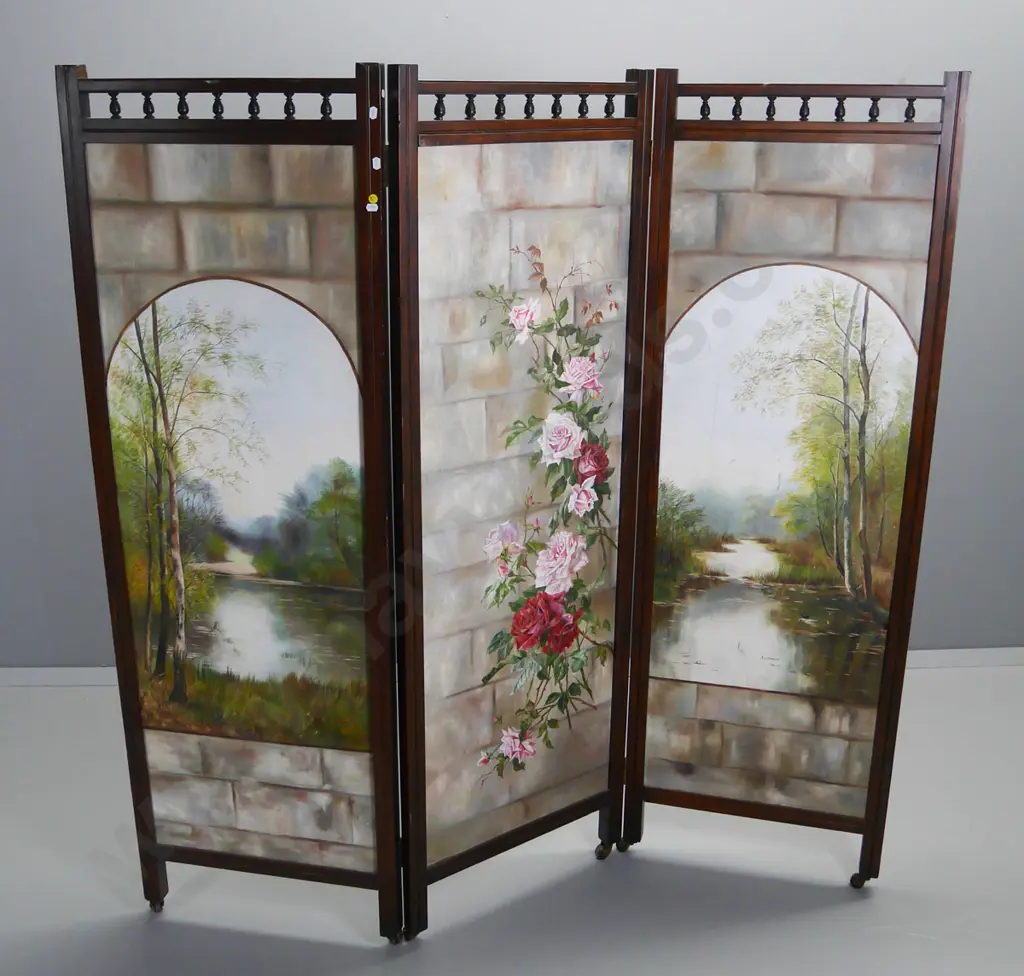 vintage timber-framed 3-panel screen with hand-painted designs on one side, spindle top rails H-1600 Each panel W-510 Image 1++