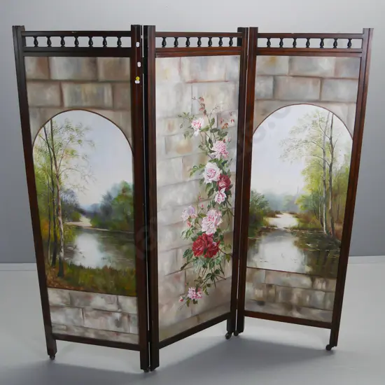 vintage timber-framed 3-panel screen with hand-painted designs on one side, spindle top rails H-1600 Each panel W-510
