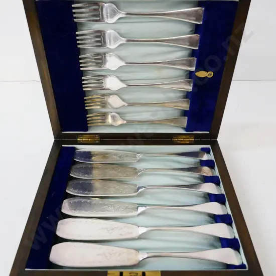 wood-cased set of etched-pattern plated fish knives and forks