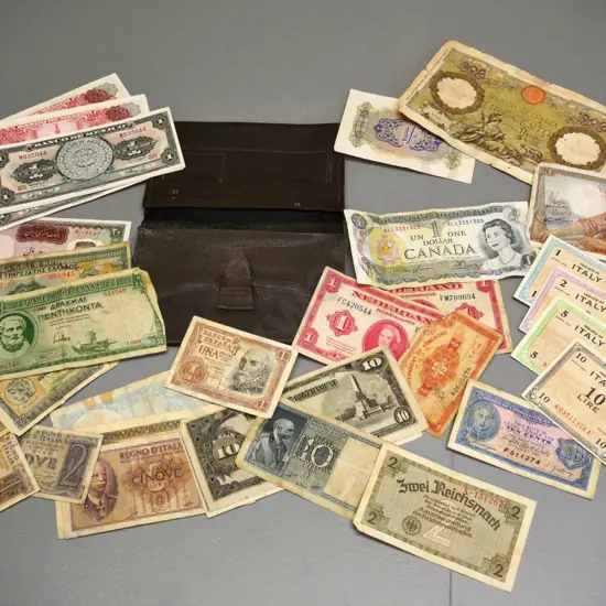 assorted vintage bank notes & leather wallet (coming unstitched) 1920s on - Italy, Greece, Canada, Netherlands, etc.