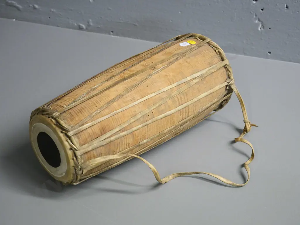 small wooden drum with animal skin heads and cording L-330 Image 1++