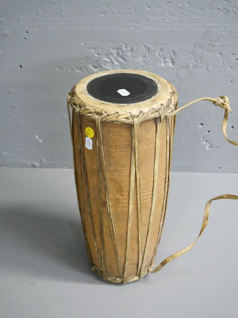 small wooden drum with animal skin heads and cording L-330 Image 1++