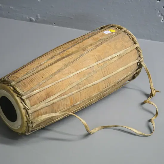 small wooden drum with animal skin heads and cording L-330