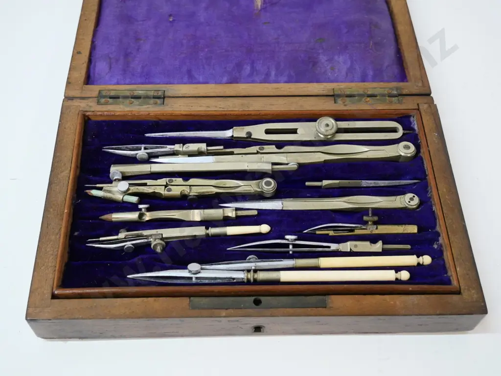 various vintage mathematical & drawing implements in wood case with brass inlay Image 1++