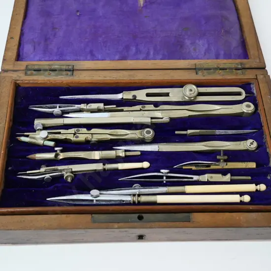 various vintage mathematical & drawing implements in wood case with brass inlay