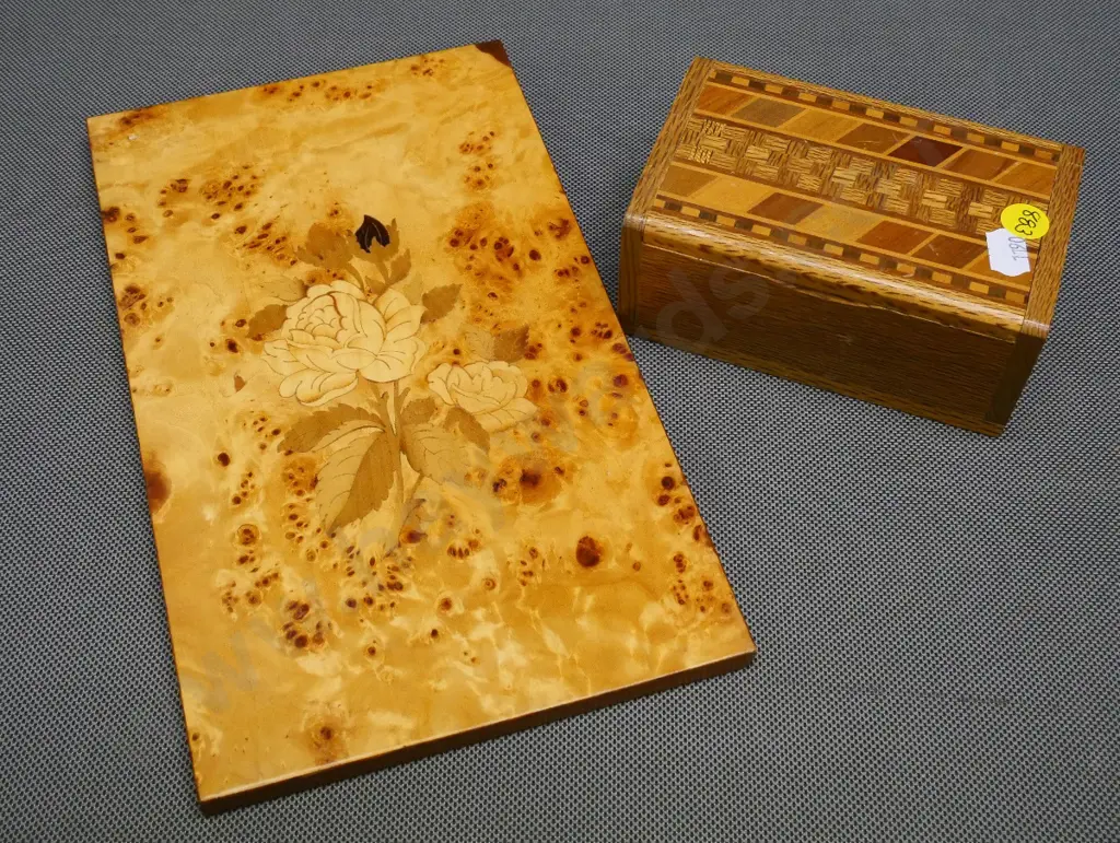 New Zealand inlaid native timbers hinged lid trinket box and inlaid marquetry rose and bird's eye veneer H-260 Image 1++