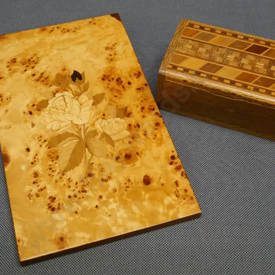 New Zealand inlaid native timbers hinged lid trinket box and inlaid marquetry rose and bird's eye veneer H-260