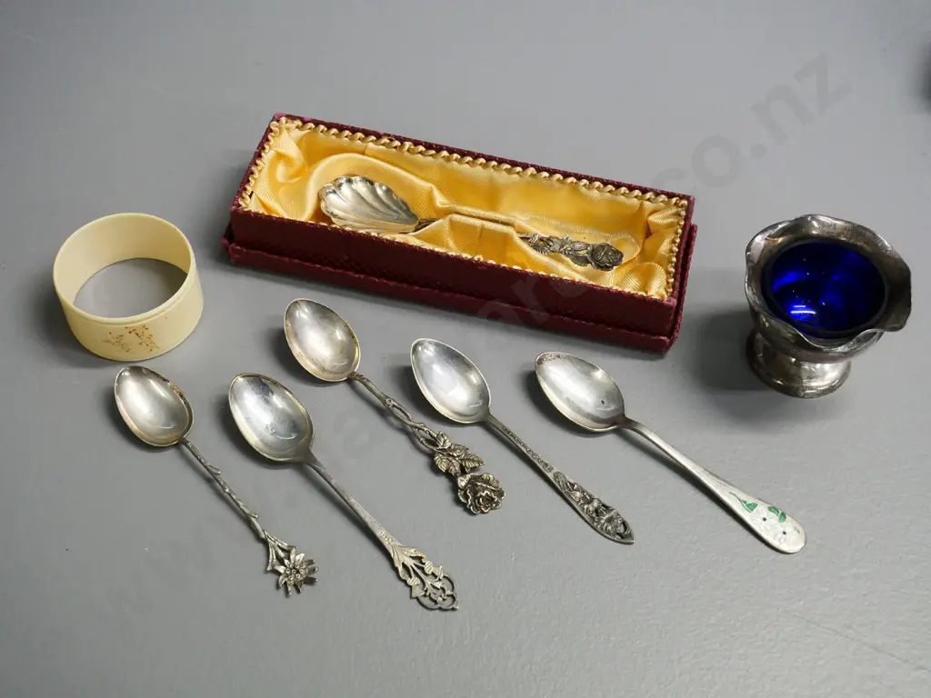 assorted sterling silver souvenir spoons, sterling mustard pot & blue glass liner, "French Ivory" celluloid napkin ring Image 1++