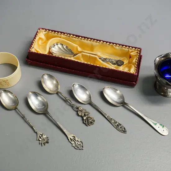 assorted sterling silver souvenir spoons, sterling mustard pot & blue glass liner, "French Ivory" celluloid napkin ring