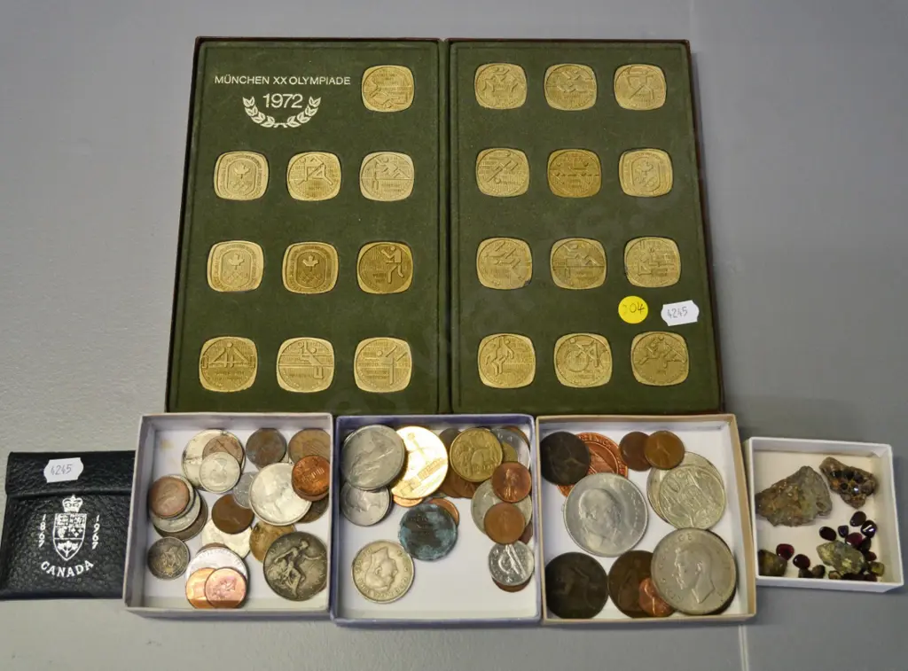 assorted NZ & other coins incl. USA, England, Canada, 1972 Munich Olympic Canada team medallions set, loose gem stones Image 1++