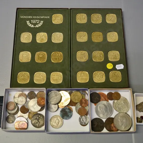 assorted NZ & other coins incl. USA, England, Canada, 1972 Munich Olympic Canada team medallions set, loose gem stones