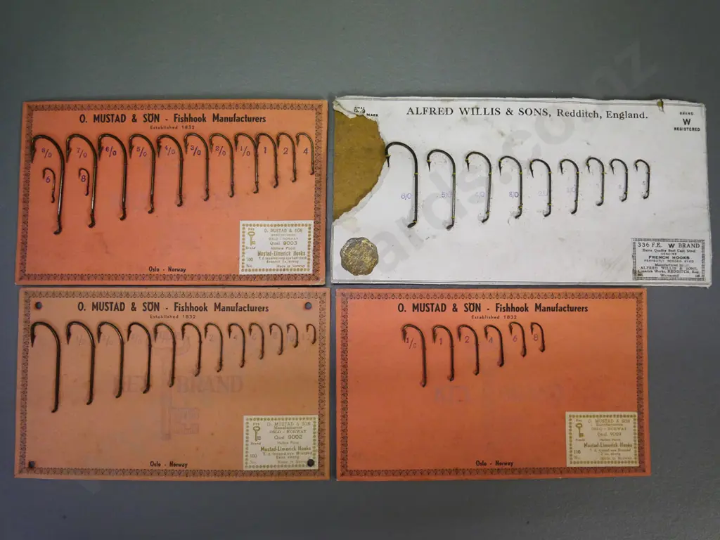 4 vintage fish hook sets - three O. Mustad and one Alfred Willis Image 1++
