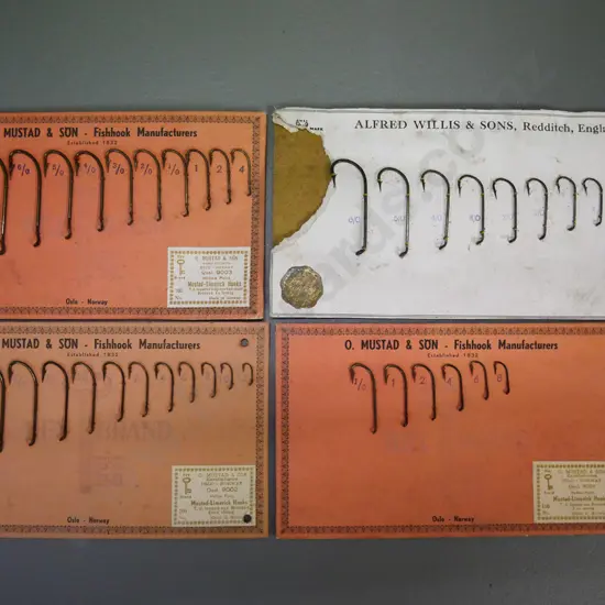 4 vintage fish hook sets - three O. Mustad and one Alfred Willis
