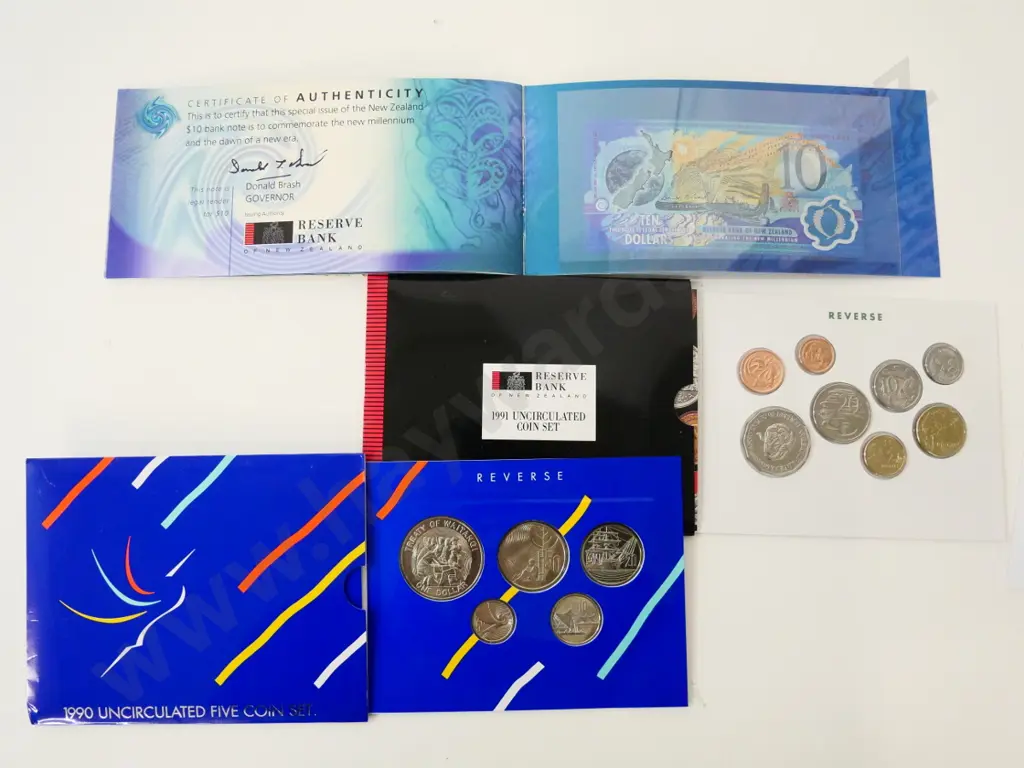 New Zealand Millennium $10 proof note, 1990 5-coin set, 1991 8-coin set Image 1++