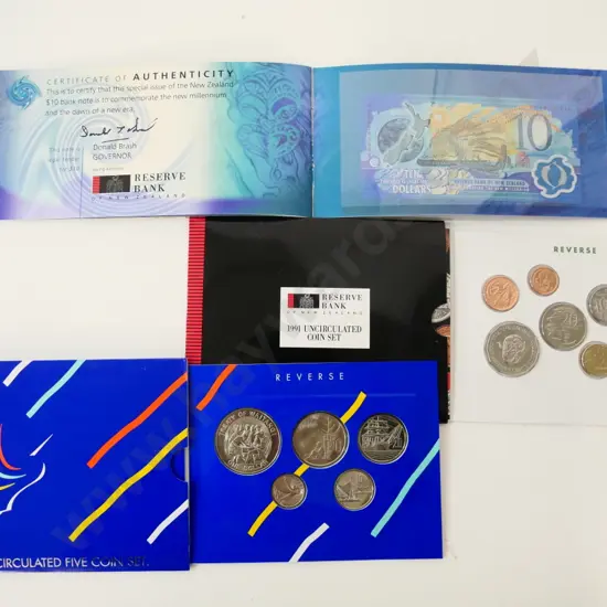 New Zealand Millennium $10 proof note, 1990 5-coin set, 1991 8-coin set
