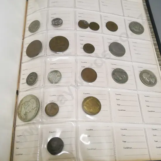 folder of international coins - Ceylon, USA, Australia, bank notes from Laos & German 100,000 mark banknote