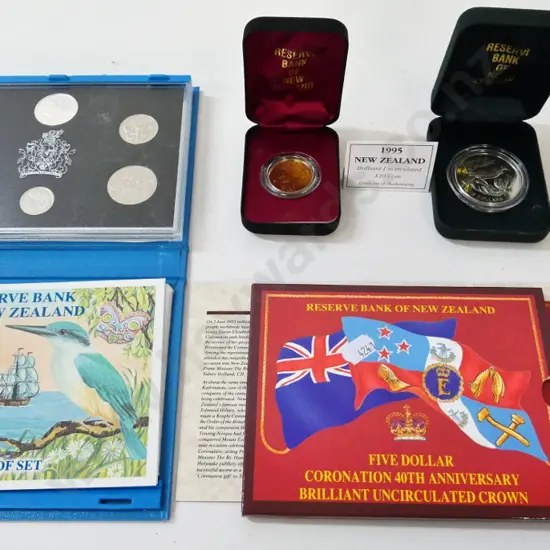 New Zealand coins - $5 Coronation 40th Anniversary, 1995 $10 & $5 coins, 1993 6-coin proof set
