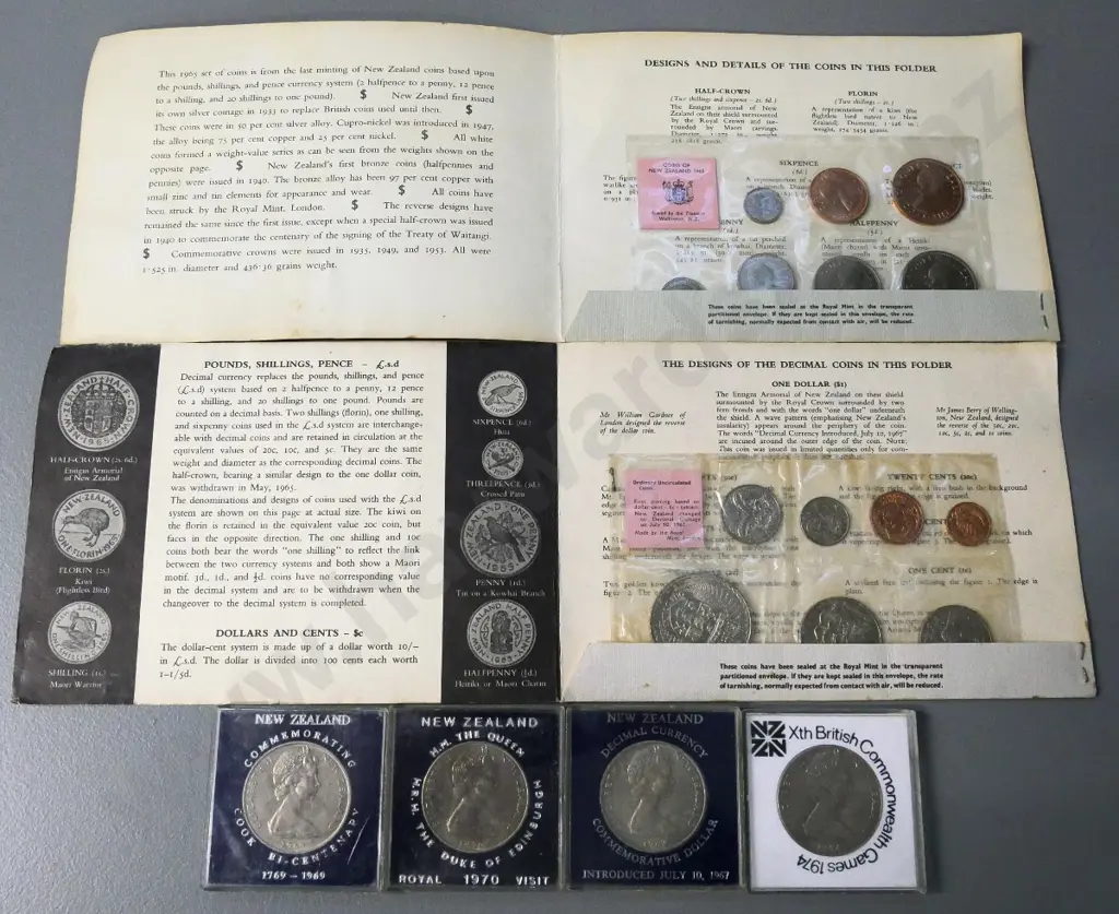 New Zealand collector coins - two 1967 sets and 4 cased Crowns - Cook Bicentennary, decimal $, 1974 Commonwealth etc. Image 1++