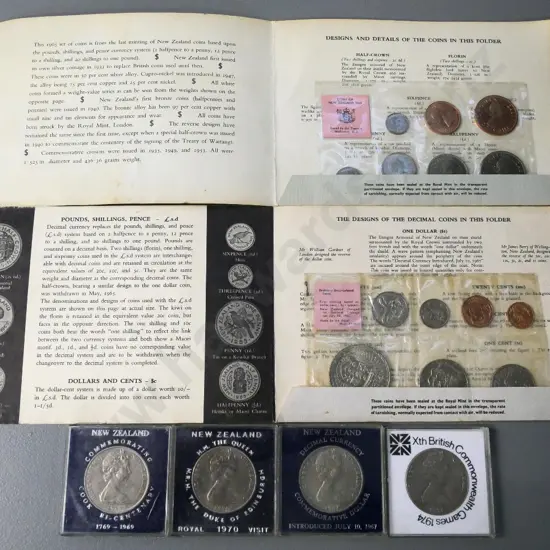 New Zealand collector coins - two 1967 sets and 4 cased Crowns - Cook Bicentennary, decimal $, 1974 Commonwealth etc.