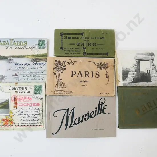 6 souvenir photo and postcard booklets - Egypt x 2, Niagara Falls, Paris, Marseille, Canadian Rockies