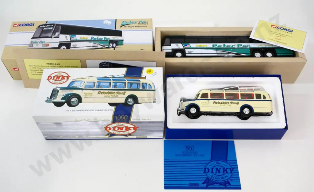 die-cast Corgi Peter Pan bus and a Dinky Mercedes Benz bus, both limited edition with boxes and certificates Image 1++