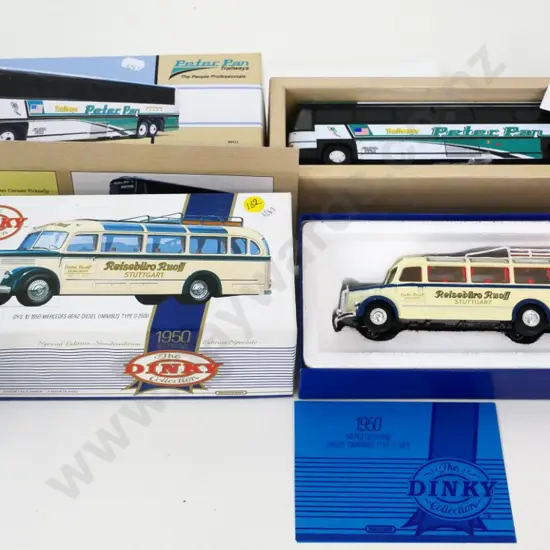 die-cast Corgi Peter Pan bus and a Dinky Mercedes Benz bus, both limited edition with boxes and certificates
