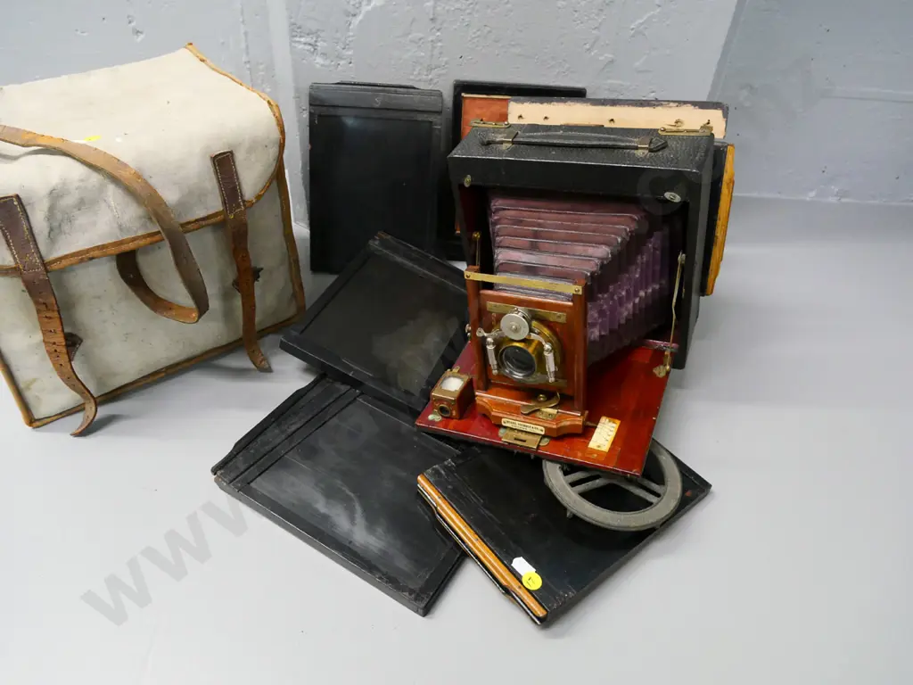 vintage camera and assorted double sided plate holders Sears Roebuck, Chicago, with Bausch & Lomb lens, Unicum shutter Image 1++