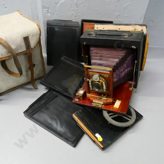 vintage camera and assorted double sided plate holders Sears Roebuck, Chicago, with Bausch & Lomb lens, Unicum shutter