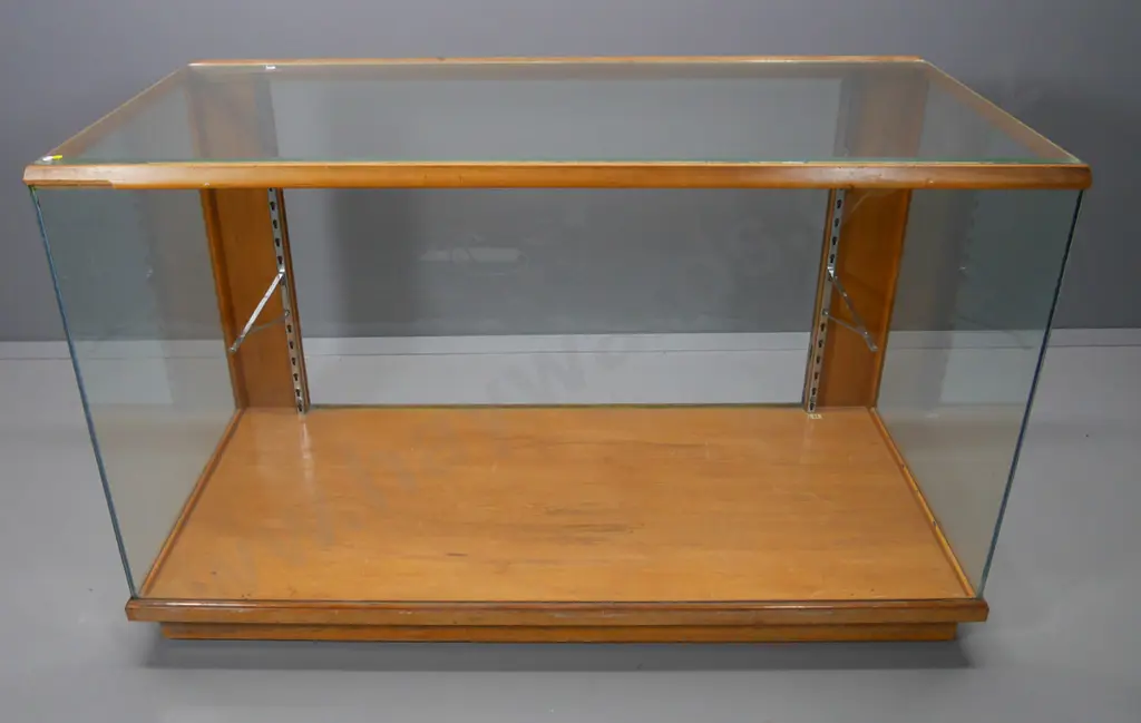 vintage shop display cabinet with glass top & sides, shelf brackets, no shelf or door, damage to beading H920 W1500 D740 Image 1++